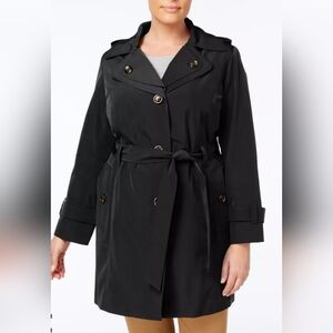 NWT SZ 3X London Fog Hooded Layered Collar Belted Black Trench Coat